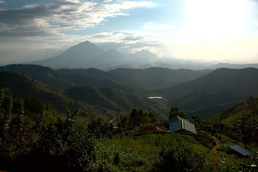 Dunstige grüne Hügel und Täler führen zu den entfernten Gipfeln der Virunga-Vulkane unter hellem Himmel nahe dem Bwindi-Impenetrable-Nationalpark.